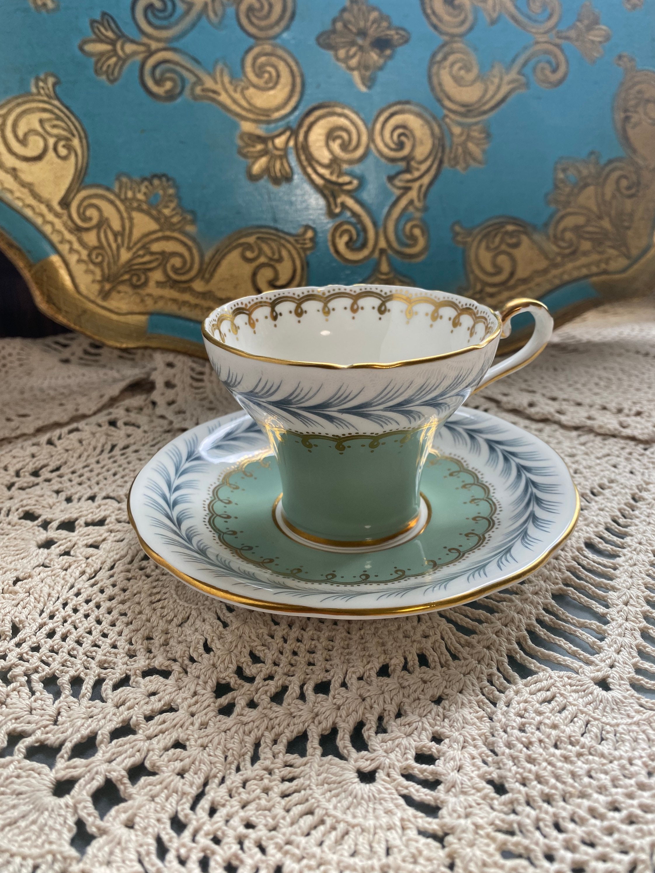 Aynsley Unique Corset Shaped Sage Green Tea Cup and Saucer With
