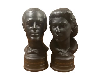 Rare Wedgewood Queen Elizabeth II and Edinburgh figurine bust statues black basalt , limited edition England collectible Wedgewood statues.