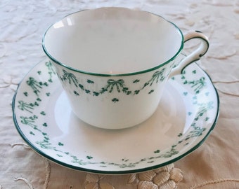 Beautiful handpainted bow tie De Olde grosvenor English tea cup and saucer, made in England, green Garland bow tie tea set gift