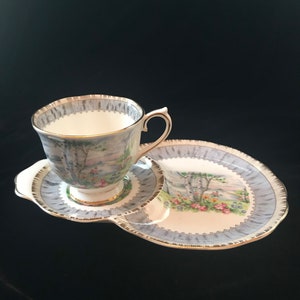 Pu&ograve; includere: Una tazza da t&egrave; e un piattino bianchi con un motivo floreale e un bordo dorato. La tazza e il piattino presentano una scena di una foresta di betulle con un cielo blu e nuvole bianche.