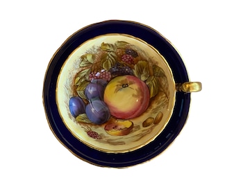 Vintage aynsley cobalt blue fruit orchard tea cup and saucer Handpainted artist signed Jones, gift for her, fruit tea set