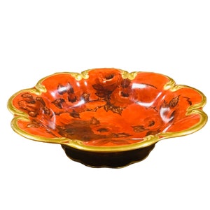 Gorgeous vintage hand painted large footed red fruit bowl 10.5” signed by Artist, red flowers and heavy gold rim made in Western Germany .