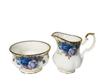 Royal Albert Moonlight rose blue rose cream and sugar bowl bone china England, gorgeous vintage classic serving pieces.