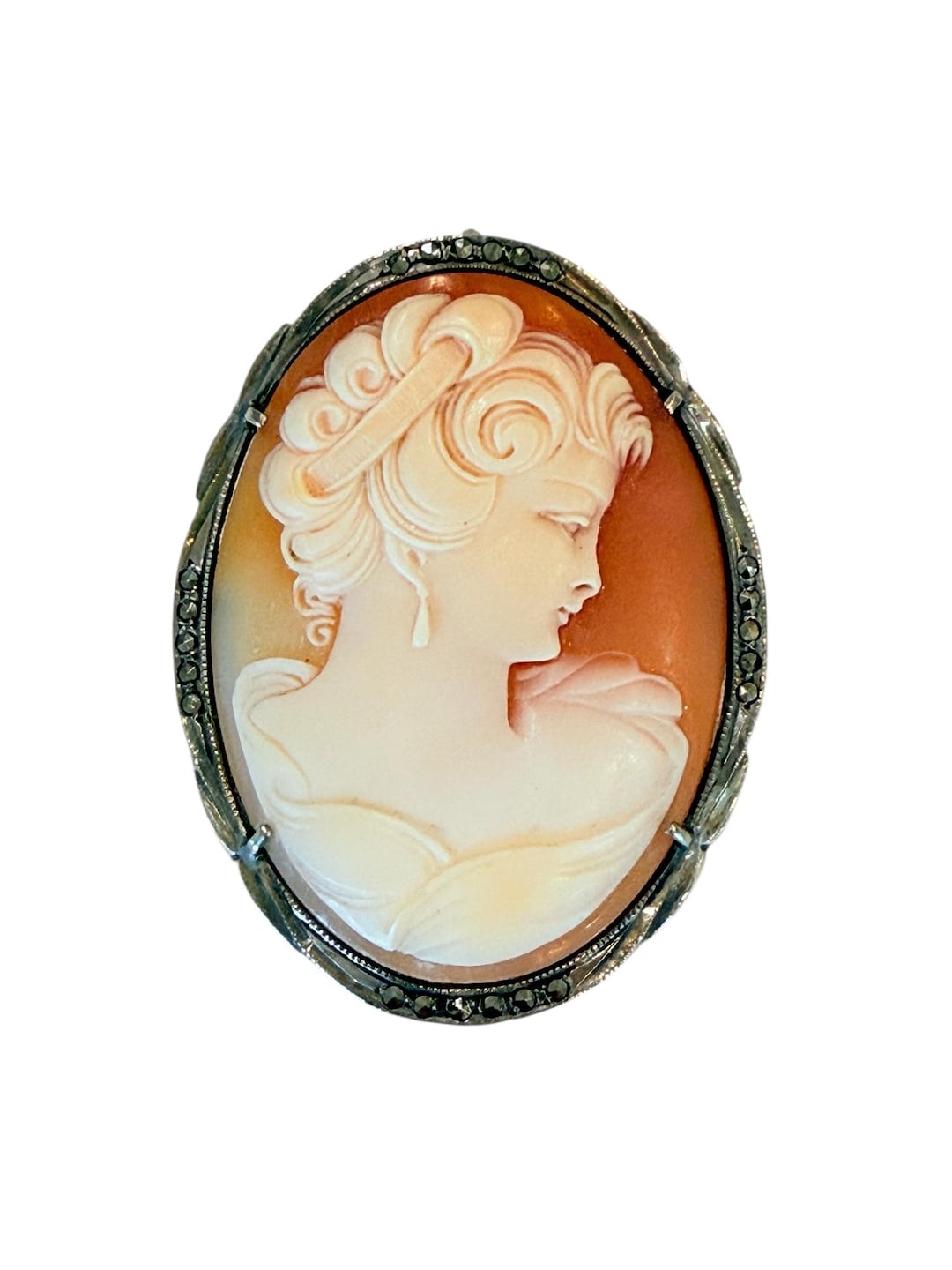 ヴィンテージ コレクター向け 800 シルバー彫刻シェル カメオ 肖像女性
