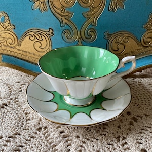 Rare royal Albert Avon shaped green and white tea cup and saucer, collectible English bone china