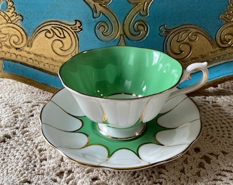 Rare royal Albert Avon shaped green and white tea cup and saucer, collectible English bone china