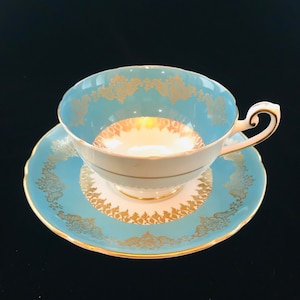 Collectible Shelly turquoise blue tea cup and saucer with gold scrolls, Shelley collector tea cup gift for her