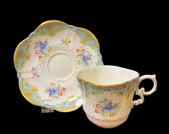 Antique Aynsley Bone China Tea Cup and Saucer: Green Border, Blue Flowers