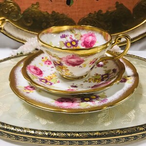 Gorgeous trio of Foley tea set heavy gold edged and handle with pink roses , collectible gift for her.