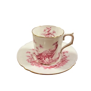 Vintage rare royal crown derby hand painted pink bird demitasse coffee cup and saucer, collectible English bone china
