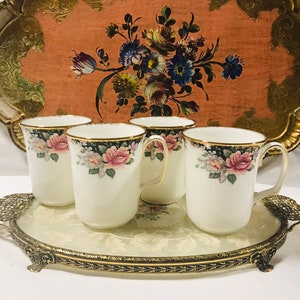 PREIS EACH - Royal Albert Concerto Becher, Bone China England, schwarzer Rand mit rosa Rose, rosa Rosen, wunderschönes Geschenk für sie.
