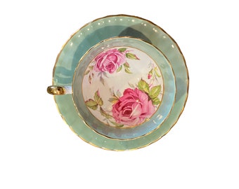 As is aynsley oban shaped sage green pink cabbage rose tea cup and saucer, collectible English bone china