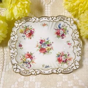 Hammersley Lady Patricia Pattern Large Rectangle Cake Plate/ Dish Bowl 10.25”, signed and Handpainted, serving piece pink rose
