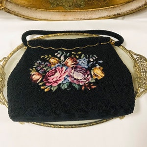 Gorgeous Vintage Breaded and Central Floral Petit Point Needle Point hand bag, made in Hong Kong . Black vintage bag with floral rose