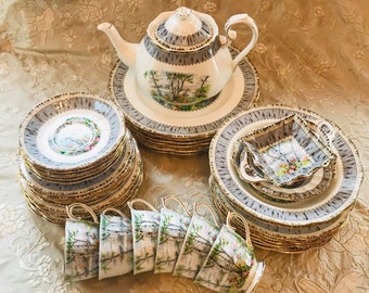 Sold individually -  Royal Albert silver birch dinner set, made in England, cups and saucers, dinner plate, lunch plate