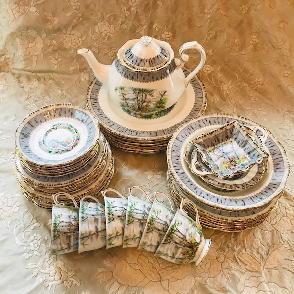 Sold individually -  Royal Albert silver birch dinner set, made in England, cups and saucers, dinner plate, lunch plate