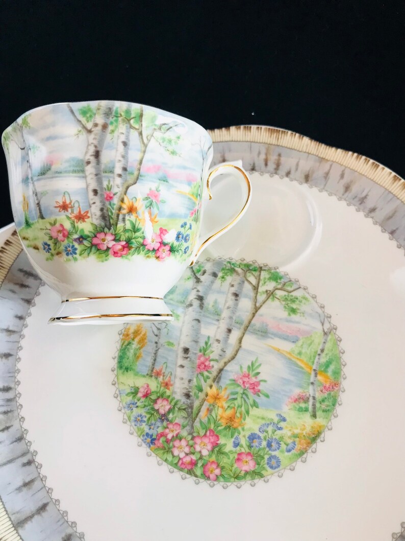 Pu&ograve; includere: Servizio da t&egrave; bianco con un design paesaggistico con betulle, fiori e uno specchio d'acqua. La tazza e il piattino hanno finiture dorate. Il piattino ha un bordo decorativo.