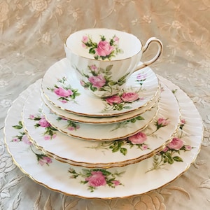 Individually priced - Foley pink moss roses, tea cup and saucer dessert side lunch dinner plate, bowls, gift bone china,made in England.