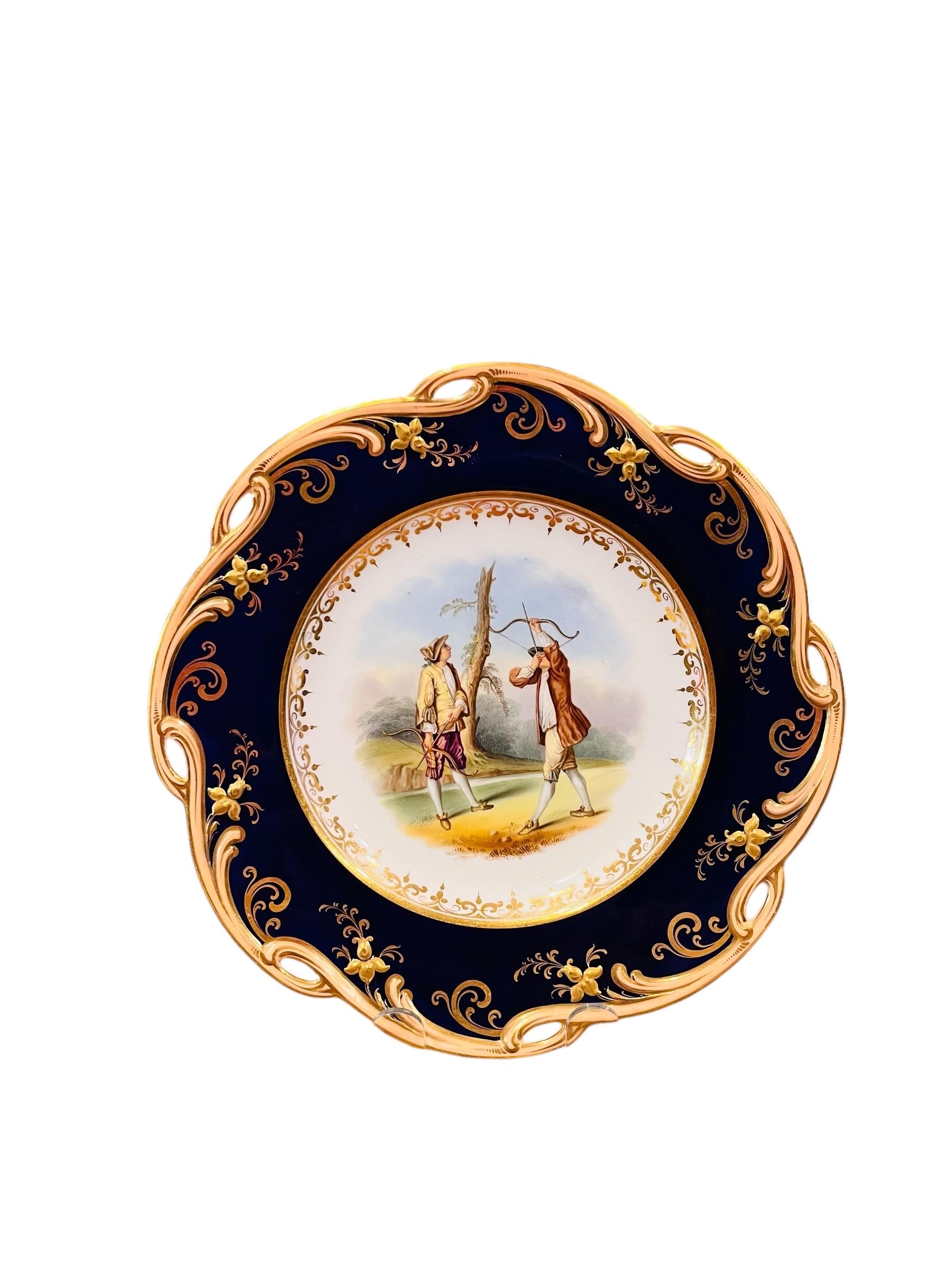 アンティーク雑貨 Antique Plate B Antique 19th Hand Painted Cabinet Plate 9” Diameter, Cobalt Blue