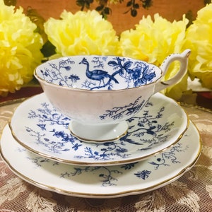 As is Vintage Trio Coalport Cairo Pattern Blue Bird tea Cup Saucer and Side Plate , Bone China England, Gorgeous Gift.