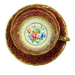 Aynsley red floral tea cup and saucer, tea party gift, afternoon tea party gift for her
