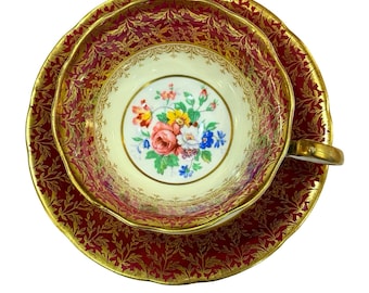 Aynsley red floral tea cup and saucer, tea party gift, afternoon tea party gift for her