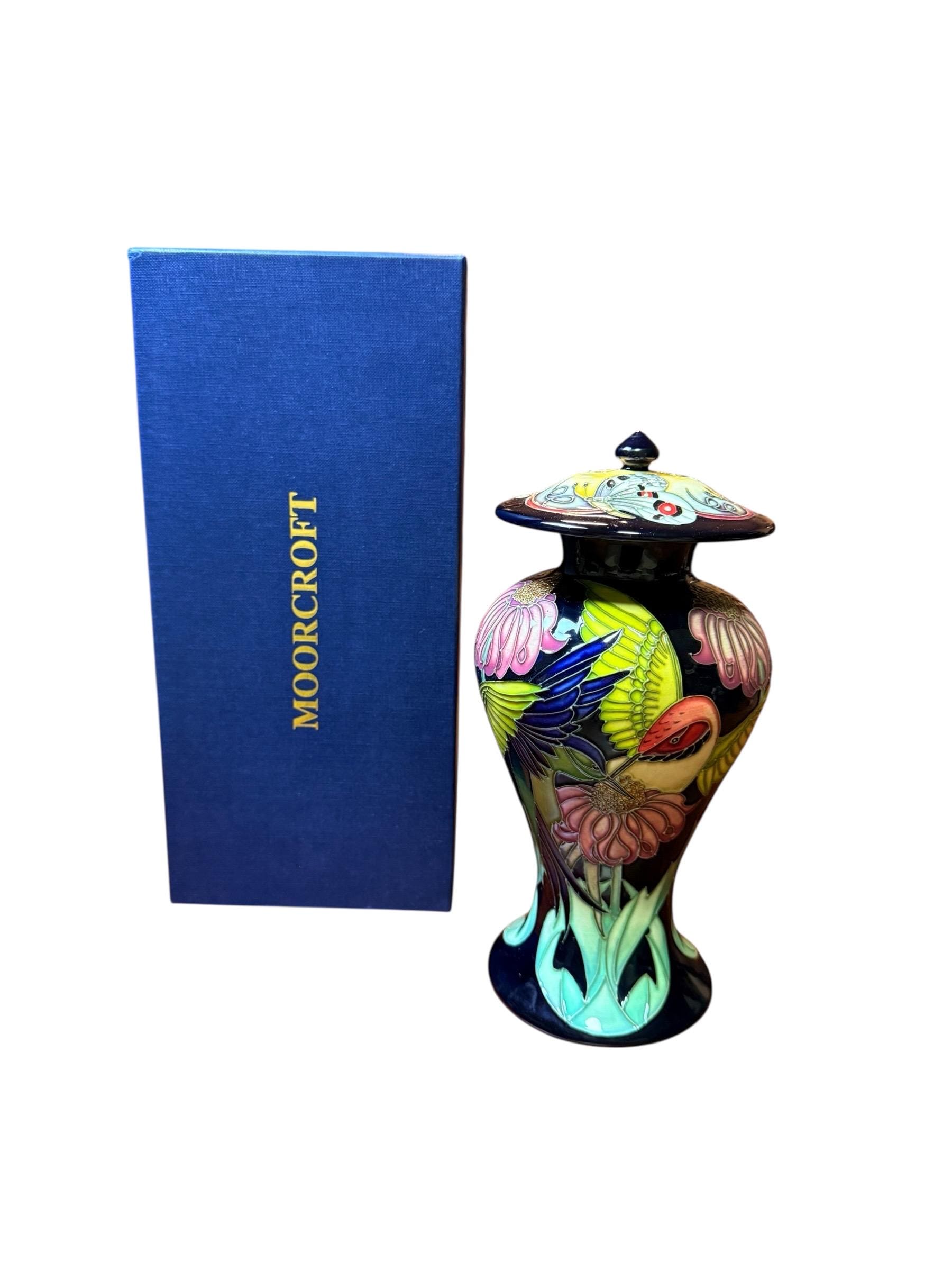 Moorcroft Pottery Duchess of Rivoli Lidded Urn 9” T With Box on