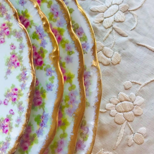 French Limoges bridal wreath shops pink purple rose 8 pc dinner set, tea cup and saucer, side plate, dinner set gift for her