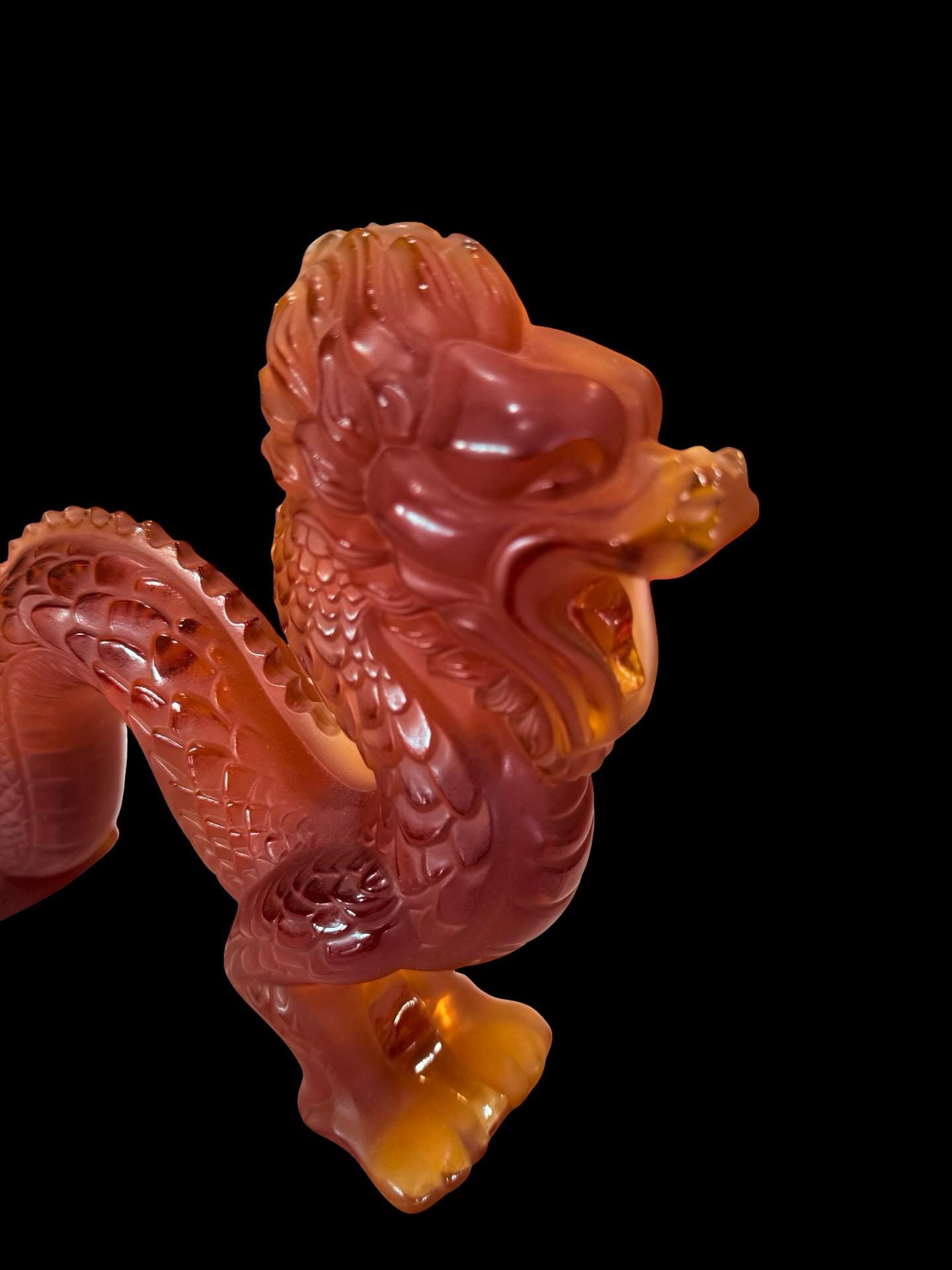 Lalique Amber Crystal Dragon Large Figurine 12” L France . Rare