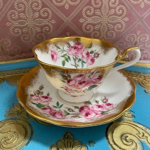 Royal Albert heavy gold Avon shape pink bridesmaid rose tea cup and saucer, collectible English bone china,
