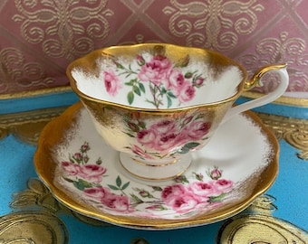 Filiżanka do herbaty Royal Albert Heavy Gold Avon w kształcie róży druhny ze spodkiem, kolekcjonerska angielska porcelana kostna,
