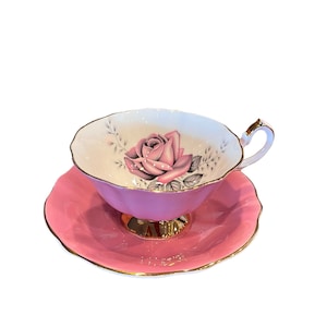 As is Queen Anne wide mouth pink tea cup and saucer with large pink rose bone china England , gorgeous tea cup gift for her