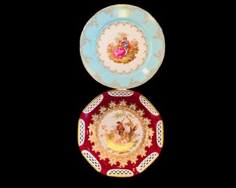 A pair of Germany Fragonard Love Story display plates blue and dark red , beautiful vintage Love Story plates.