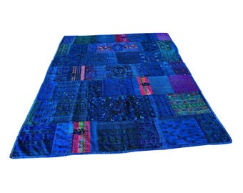 Large vintage blue Patchwork hand made Quilt Blanket Guatemala “Huipil Quilt“ 100” x 79”, Collectible.
