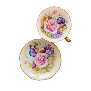 Vintage Lefton Handpainted Japanese footed tea cup and saucer, aynsley Bailey cabbage rose pattern, made in Japan, gold exterior