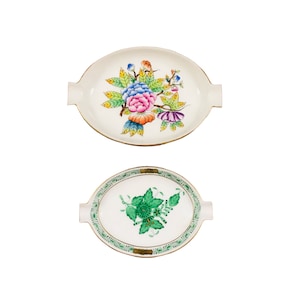 Two vintage Herend Hungary hand paint Queen Victoria pattern and Chinese Bouquet Apponyi green small  dishes