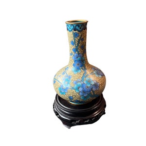 Vintage 5” Asian made in china cloisonné vase with carved wooden base, gift for her, home decor, blue vase, Chinese vintage decor