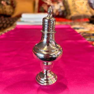 May include: A silver salt shaker with a pierced top and a round, bulbous body. The shaker has a decorative, ornate finial on top and sits on a pink surface.
