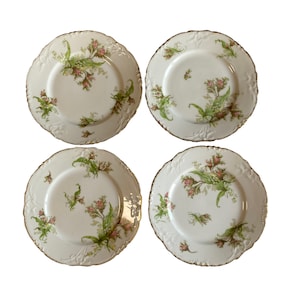 As is - set of four rare French J. pouyat lily of the valley and moss rose tea cup saucer dessert plate 7.25” trio, gift for her, rare