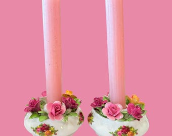 Royal Albert set of 2 Candlestick Holders adorned with sculpted floral bouquets bone china England.
