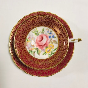 Beautiful vintage red Paragon tea cup and saucer with large pink cabbage rose, bone china England, gift for her, collectible paragon
