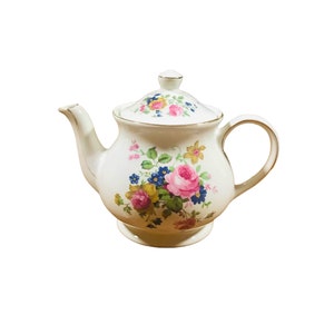 Teiera Sadler vintage da collezione, bianca con motivo di rose rosa e dettagli dorati, Inghilterra, bellissima teiera Sadler da regalare a lei.