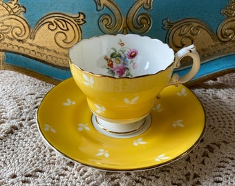 Vintage HandPainted bright yellow cauldon tea cup and saucer with pink roses and white leaves, collector bone china, gift for her