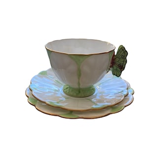 As is - rare vintage aynsley butterfly handle tea cup saucer trio green stripes, made to supply HM Queen Elizabeth, unique handle tea set
