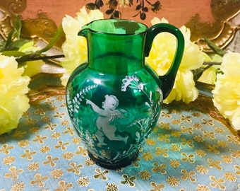 Antique Victorian Bohemian Hand Painted Mary Gregory Hand Blown Green Water Jar with angel, Gorgeous Glass Antique Piece, antique glass