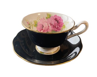 Vintage rare royal Albert black tea cup and saucer with American beauty style pink roses, gift for her