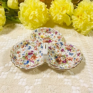 Vintage Hammersley Three Sectional Dish Bone China England, F. Howard Signed Chintz Floral. Gorgeous Gift.