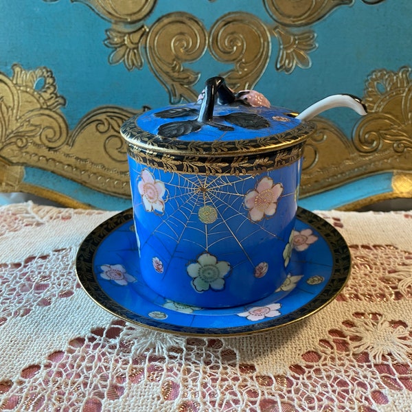 Very unique vintage 4-pc made in Japan blue big porcelain tea cup or mug with lid and spoon and large saucer, fruit berry lid top