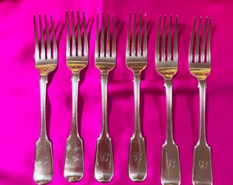Hallmarked Set of 6 1824 and 1835 London 7.75” Sterling silver Dinner Size Forks, 400 grams with Monogram, vintage silver cutlery