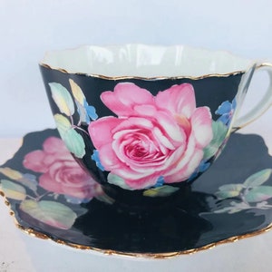 As is Rare vintage paragon black Handpainted tea cup and saucer with large pink cabbage rose, English bone china for her